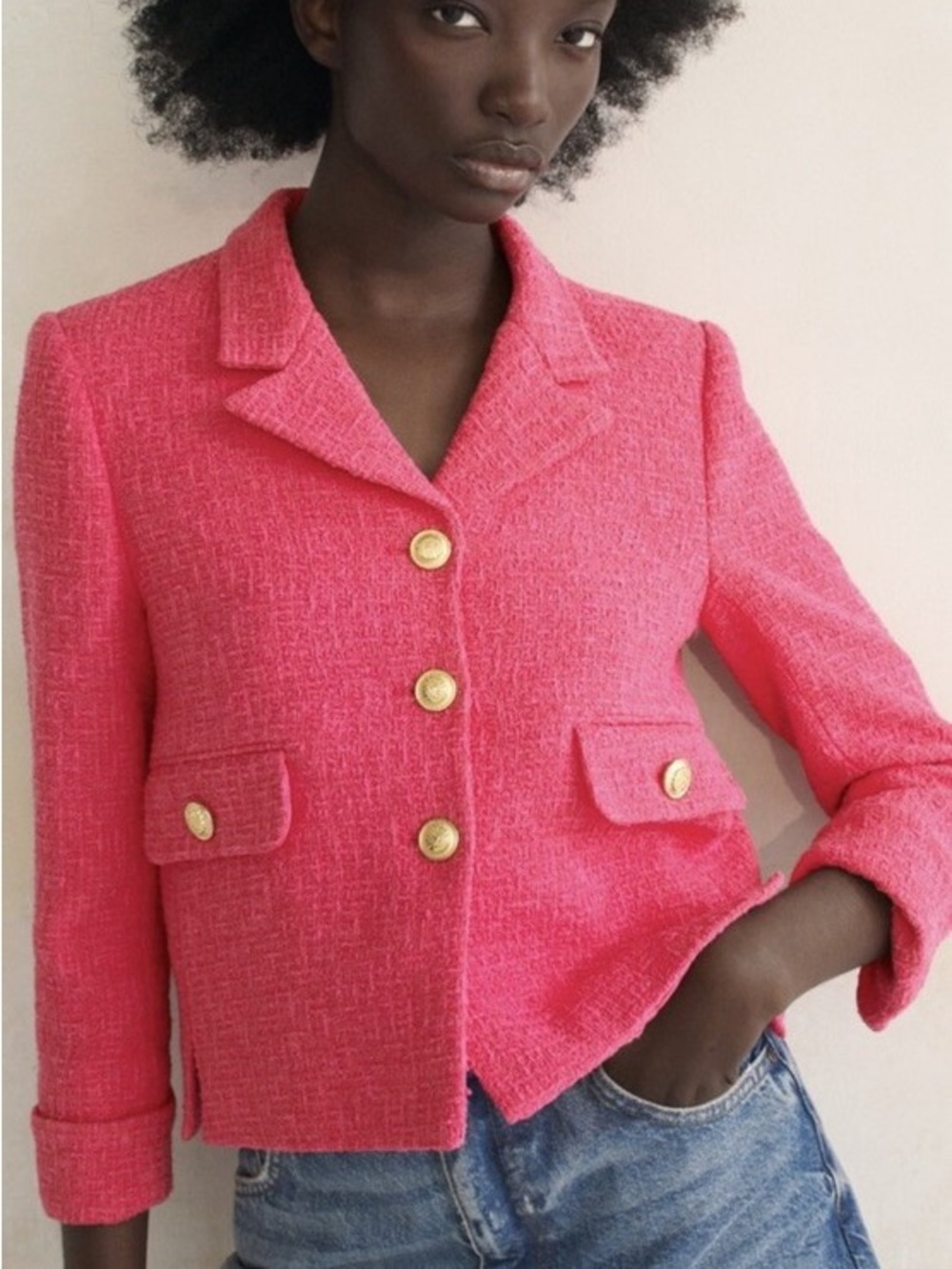 Zara Hot Pink Tweed Blazer with Gold Buttons